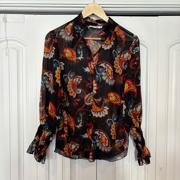 Chico’s Black Sheer Paisley Button Front Top Size 0.5 (Size 6)‎ - Picture 1 of 7